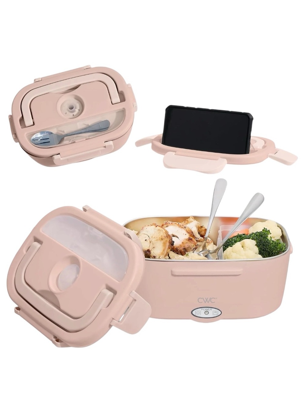 CWC Pink Electric Heated Lunch Box - Portable Two-Tier Food Warmer